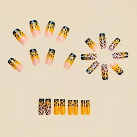 Cute Medium Coffin Press on Nails 24Pcs False Fake Nails Simple with Yellow Leopard Design French Tip Full Cover Thick Glossy Acrylic Glue on Nails Stick on Nails for Women Y923