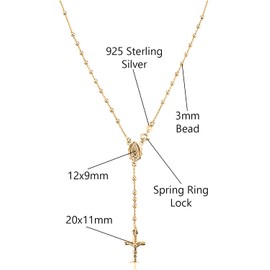 Savlano 925 Sterling Silver Italian Solid Bead Chain Cross & Rosary Virgin Mary Pendant -18K Gold Plated Y Necklace Comes With Gift Box for Women - Made in Italy (18, 3mm)
