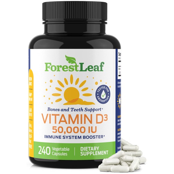 ForestLeaf - Vitamin D3 50,000 IU Weekly Supplement - 240 Vegetable Vitamin D Capsules for Bones, Teeth, and Immune Support - Easy Swallow Pure Vitamin D3 Caps 50000 IU - Non GMO Pills