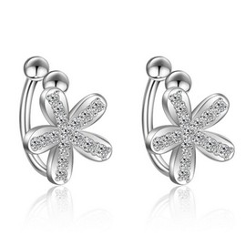 BROWOL Clip-On Earrings Women Girls Cute Without Ear Hole Simple Flowers with Zirconia 925 Sterling Silver Ear Cuff, Sterling Silver