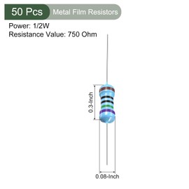 YOKIVE 50 PCS Metal Film Resistors, 750 Ohm Resistor with 1/2W 1% Tolerance, Lead, Good for DIY Electronic Projects (5 Color Bands, 9±1mm)