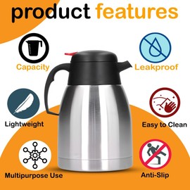 OrionMart 1.5L Coffee Tea Carafe Vacuum Jug Double Walled Insulated Stainless Steel Thermal Flask | Travel Coffee Dispenser –Tea Pot Keep Water or Drink Hot & Fresh