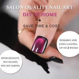 evpct Purple Cat Eye Short Press on Nails Square, Short Square Glue on Nails for Women Gift, Dark Purple Metallic Glitter Glossy Reusable Spring Summer Stick Gel Press on Acrylic Fake Nail with Design