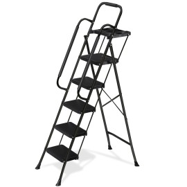 SEGAWE Steel 5 Step Folding Step Ladder Non-Slip Pedal with Tool Tray & Handrails Black