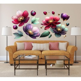 Boho Flower Wall Stickers Wildflower Floral Grass Peel and Stick Wall Stickers Living Room Bedroom Nursery Wall Decor (Red)