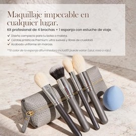 Nuvea Set de Brochas para Maquillaje de Viaje - Kit de 4 Brochas Profesionales y 1 Esponja con Estuche Portátil, Ideal para Uso Diario y Retoques (BEIGE)