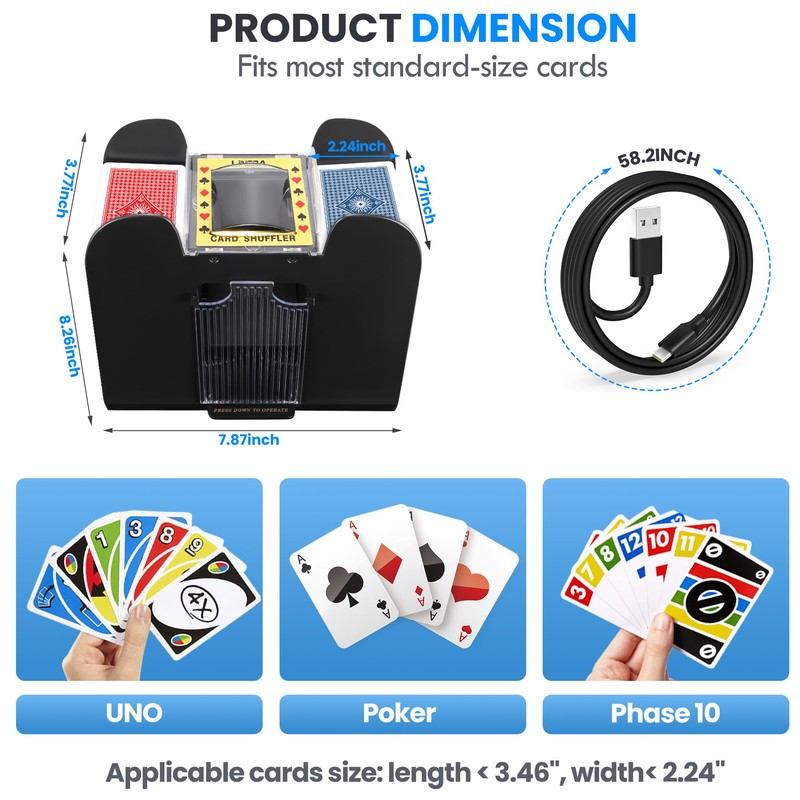 Lineba Card Shuffler for 1-6 Decks Cards, USB Power/Battery Operated