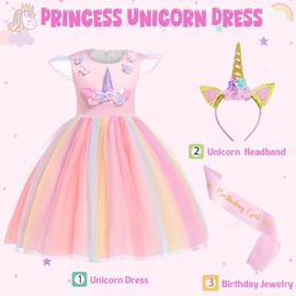 HenzWorld Girls Unicorn Dress Up Princess Costume Kids Birthday Party Tutu Wedding Pageant Easter Dress Outfit 3-4 Years