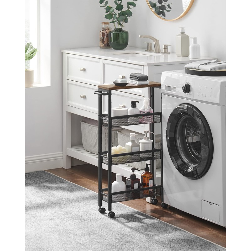 VASAGLE Slim Rolling Cart, 4-Tier Narrow Storage Cart with Handle,