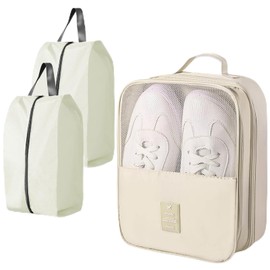 Shoe Bags for Travel Holds 3 Pair of Shoes, Travel Shoe Bag for Packing with 2 Pcs Travel Essentials, Waterproof Shoe Storage Pouch for Travel and Daily Use, Shoe Organizer for Women and Men (Cream)
