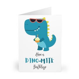 Dino-Mite Birthday Greeting Card - Blue Dinosaur with Sunglasses and Muffin - Made in UK
