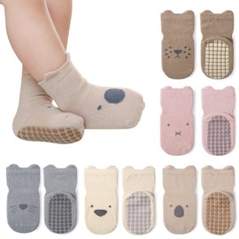 Auranso Baby Socks 5 Pairs Boys Non Slip Grip Socks Kids Girls Cotton Cartoon Animal Pattern Toddler Socks with Grips, Color-F, 1-2 Years
