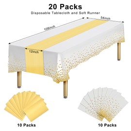 20 Packs Plastic Table Cloth Disposable and Satin Table Runner, White Disposable Tablecloth Rectangular and Gold Table Runner for Birthday Baby Shower Anniversary Wedding New Year Party Decorations