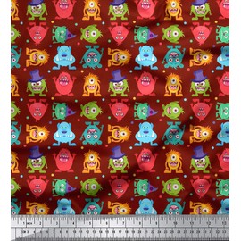 Soimoi Red Poly Crepe Fabric Monster Cartoon Print Fabric by Yard 42 Inch Wide
