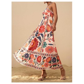 Floerns Women's Spaghetti Strap Tropical Dress Shirred Vacation Cami Maxi Dress Apricot Multi Large