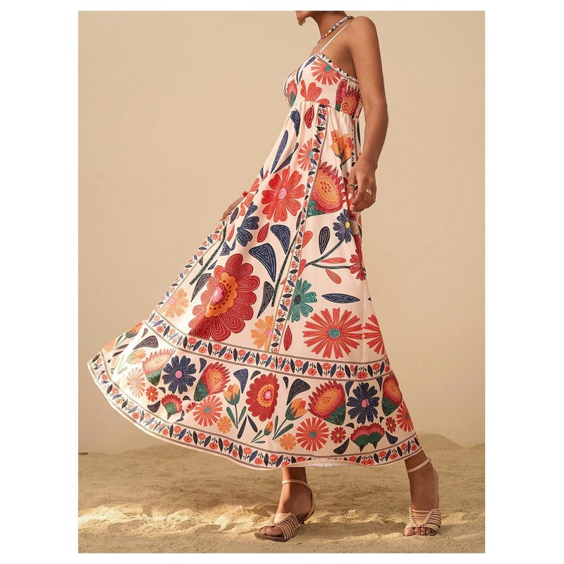 Floerns Women's Spaghetti Strap Tropical Dress Shirred Vacation Cami Maxi