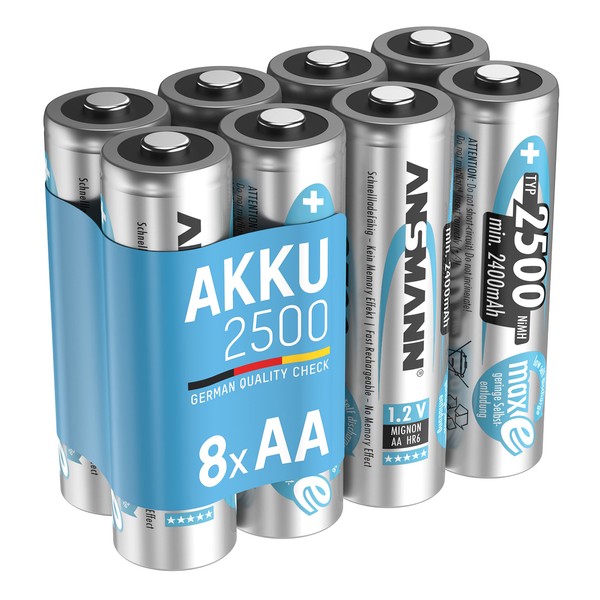ANSMANN maxE Rechargeable AA Batteries 2500mAh Low Self Discharge NiMH AA Battery pre-Charged for Remote, Controller, Flashlight etc. (8-Pack) (5035442-590-1)