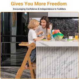 COSYLAND Foldable Toddler Standing Tower - Adjustable Height Folding Step Stool Kids Toddler Kitchen Stool Helper for Learning and Cooking - Ages 18 Months to 6 Years with Safety net Natural