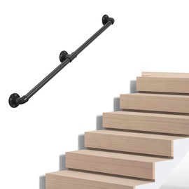 Industrial Pipe Stair Handrail, Wall-Mounted Metal Hand Rail for Indoor & Outdoor Steps, Black Galvanized Iron, Vintage Farmhouse Style, Heavy Duty Support for Stairs & Porch (Black, 4ft)