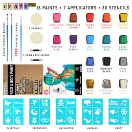 Craft Pro Face Paint - Vegan + Cruelty Free. Sensitive Skin Approved. Includes Guidebook, Applicators, Stencils. Easy ON Easy Off (Water Activated Body Paint)