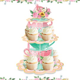 3 Tier Floral Tea Party Cupcake Stand Decorations Spring Vintage Teapot Cupcake Holder Dessert Tower for Flower Theme Talking Party Baby Shower Princess Birthday Wedding