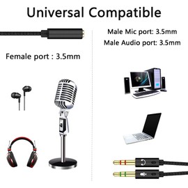 Jaimela 2 in 1 Headphone Mic Splitter, Microphone Splitter, 3.5mm Female to 2 Dual 3.5mm Male Headphone Splitter Cable for PC, Headphones - 22cm