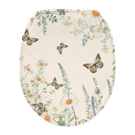 Garucesta Toilet Seat Lid Cover for Bathroom Quick Dry Stard Toilet Lid Cover Easy Installation with Elastic Straps Toilet Home Decoration 17.3 x 13 inch, Butterfly Daisy Flower Cream White