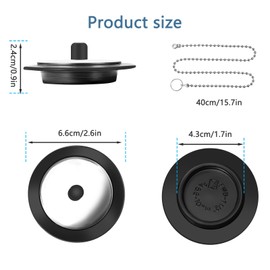 QINCINA 2 Pcs Universal Sink Plug,Bathroom Sink Plug Replacement,Bath Plug Replacement, Kitchen Sink Plug Replacement, Bath Plug and Chain (Size 42mm/1.65in To 45mm/1.77in, Chain 40cm/16.5in)