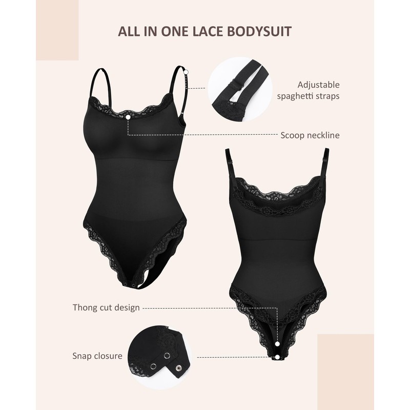 FeelinGirl Women Spaghetti Strap Lace Bodysuit Tummy Control Going Out