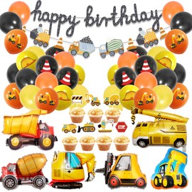 Children's Digger Birthday Decoration Balloons - Pack of 44 Happy Birthday Banner Technical Vehicle Cement Truck Forklift Digger for Decoration for Children's Birthday Party Construction Site Theme