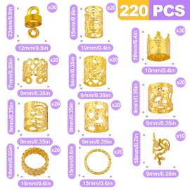 ZeriLion 220 Pcs Gold Hair Charms for Braids, Dreadlocks and Locs, Decorative Charms for Braids, for Women's Hair Accessories