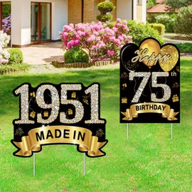 Puyruiv 2Pcs Black Gold 75th Birthday Yard Sign Decoration for Men Women,Happy 75th Birthday Made in 1951 Lawn Sign Party Supplies, Seventy-Five Year Old Birthday Yard Stakes Decor