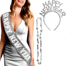 RhinestoneSash New Years EveHeadband Set Silver - SET OF 3: Silver Sparkle Happy New Year Sash, Headband & Beaded Necklace - NYE Decorations - Set3(HB Ncklc Ssh) SLV