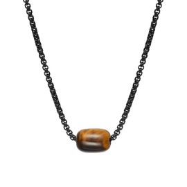 Van Heusen Men Stainless Steel Rolo Chain Bead Pendant Necklace (Black Chain, Brown Cat Eye)