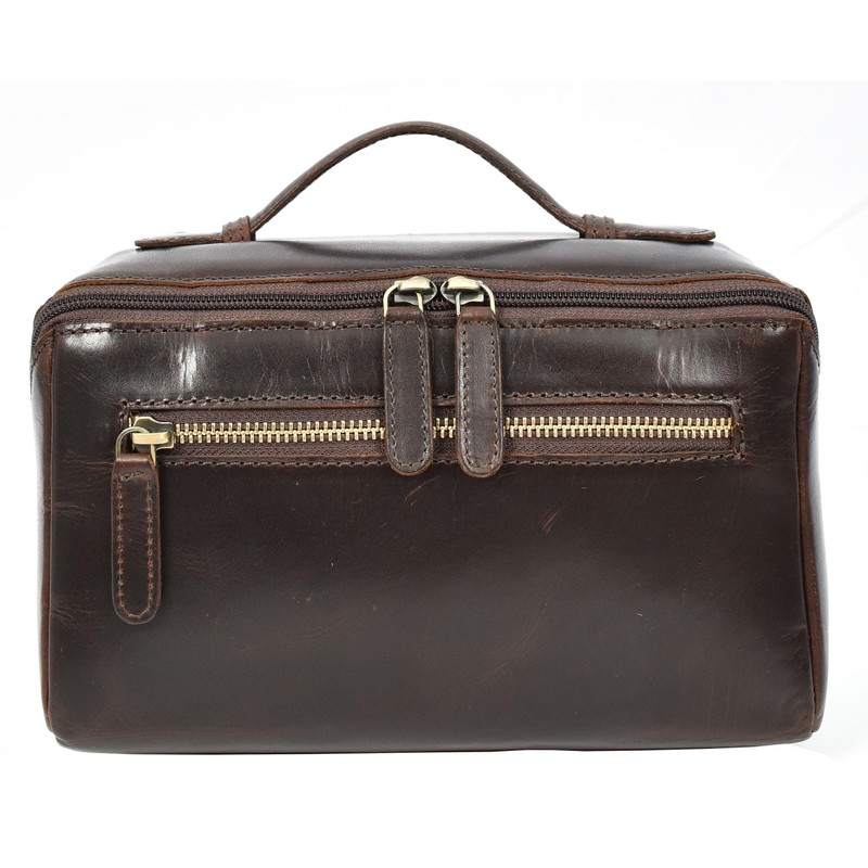 Mens Real Leather Toiletries Wash Shaving Bag Travel Pouch Tripper