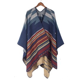 LOPKS Large Scarf Poncho, Muffler, Ortega, Checkered, Plain, Ethnic Patterns, Shawl, Available in 33 Colors, navy