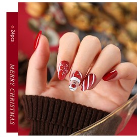 Christmas Press on Nails Fake Nails Short Length Christmas Acrylic Almond Nail Design Red Santa Claus Nail Tips False Nails Stick on Nails for Women Girls for Nail Art Manicure Decorations 24Pcs