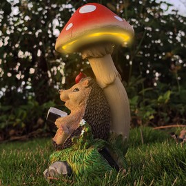 Solar Garden Statues Hedgehog Outdoors Decor Garden Figurine Waterproof Solar Yard Decorations for Housewarming Ornament for Patio Lawn Yard Creative Gift Ideas for Mom Grandma (Brown hedgehog)