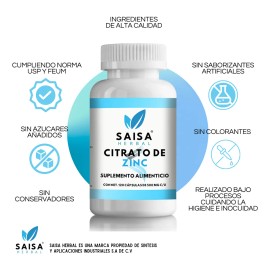 Citrato de Zinc 120 Cps SAISA HERBAL  Suplemento Alimenticio  Alta Biodisponibilidad  Apoyo Inmunolgico y Cuidado de la Piel                          