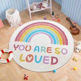 Topotdor Rainbow Round Rug for Girls Bedroom,Colorful Boho Decor Nursery Area Rug,Ultra Soft Machine Washable Kids Play Mat,63" Round