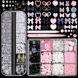 BELICEY 3D Nail Charms Set 3 Color Assorted Bow Flower Butterfly Charms for Nails Acrylic Flatback Pearls Starry AB Crystals Rhinestones for DIY Nail Art Supplies Accessories with Tweezer & Picker Pen