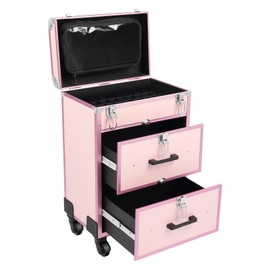 DDYOOK 3 layers Aluminum Rolling Makeup Case, Travel Portable Beauty Luggage Trolley Lockable w/ 360° Universal Wheel, Professional Rolling Makeup Train Case Makeup Artists Cosmetic Organizer (Pink)
