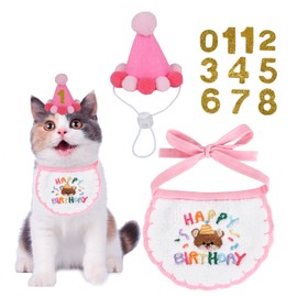 PTDECOR Cat Birthday Party Supplies, Girl Cat Birthday Hat with Numbers Birthday Cat Bandana Pet Birthday Decorations for Cat Kitten Birthday Outfits (Pink)