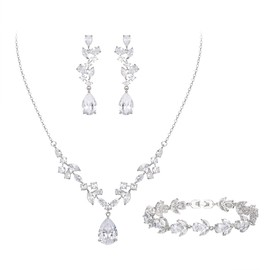 Crysdue Wedding Bridal Jewelry for Women Bridesmaid, Sparkle Teardrop Marquise Cubic Zirconia Y-Necklace Dangle Earrings Tennis Bracelet Elegant Prom Jewellery Set Clear Silver-Tone