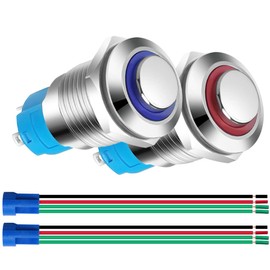 Gebildet 2pcs 0.47 Inch/12mm Stainless Steel Momentary Push Button 12V-24V 3A LED Normally Open SPST ON Off Waterproof Button with Wire Socket Plug (Blue+Red,High Head)