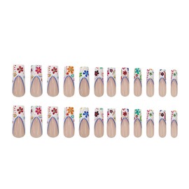 Colorful French Press on Nails Long Square - Summer Nude Pink Fake Nails Coffin False Nails Press ons with Flower French Design Full Cover Nail Art Tips Acrylic Nail Kit Glue on Nail for Women 24 Pcs