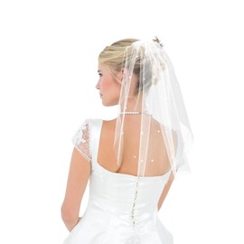 CIATBYYJ Single Layer Short Bridal Veil, Veil Bridal Tulle, Veil Bride with Pearls, Insert Comb Bridal Veil for Wedding Women Girls Party Hair Accessories, White