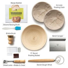 Sourdough Start Kit - Sourdough Bread Baking Supplies with Banneton Bread Proofing Basket Bowl, Cloth, Whisk, Bread Lame, Dough Scraper, 2 Brushes - Sourdough Starter Kit Bread Making & Baking Tools
