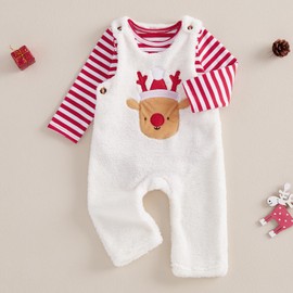 BemeUSWT Baby Girl Christmas Outfit Striped Long Sleeve Romper + Cute Elk Patch Overalls Pants 2 Piece Baby First Christmas Warm Clothes Set (White, 9-12 Months)