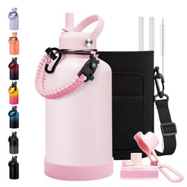 BENZZO 64 oz Insulated Water Bottle with Straw & Auto Spout Lid Protective Boot - Half Gallon Water Bottle Keep Cold 48Hrs & Hot 24 Hrs, Stainless Steel 1/2 Gallon Water Jug for Sports Gym Work